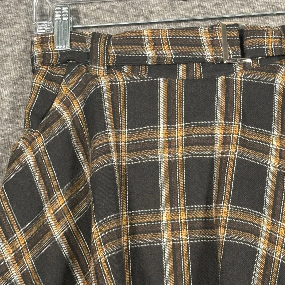ROMWE Brown Plaid Belted Skater Mini Skirt Womens Size M US 6 High Waisted